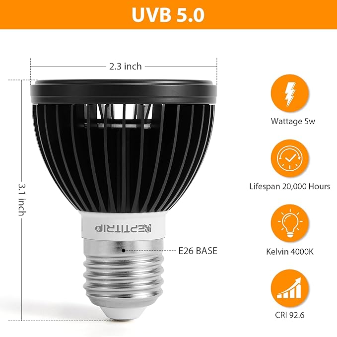 REPTITRIP UVB Light for Reptiles, UVB Bulb 5W 5.0 UVB LED Lamp, Reptile Light Bulb, Provide Sufficient UVB Exposure for Tropical Spices-Not Heat Lamp