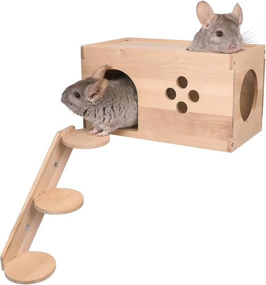 YKD Chinchilla Wooden House with Ladder - Small Animal Hideout for Squirrel or Sugar Gliders - Ventilated Wooden Chinchilla Hut Hideout with Multiple Doors