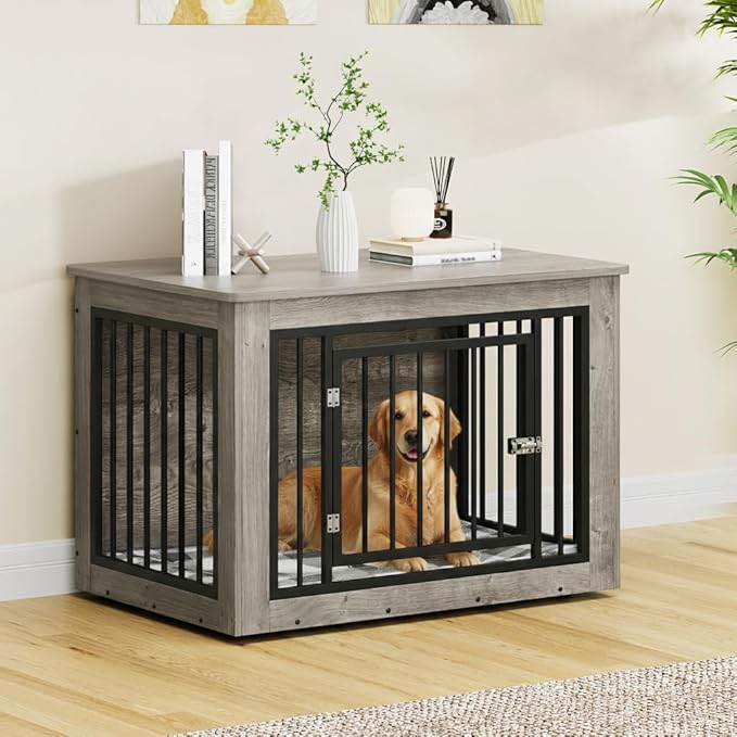 DWVO Dog Crate Furniture, 38 Inch Dog Kennel Indoor Furniture End Table for Dogs, Farmhouse Decorative Wooden Cage, Chew-Resistant, Grey