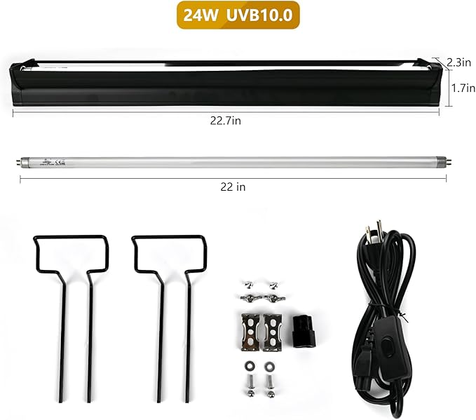T5 UVB Lighting Combo Kit for Reptiles,24W Light Fixture with Desert 10.0 T5 UVB Light Bulbs Terrarium Hood Heat Lamp for Breaded Dragon,Turtle,Frog,Lizard,Tortoise,Gecko,Snake