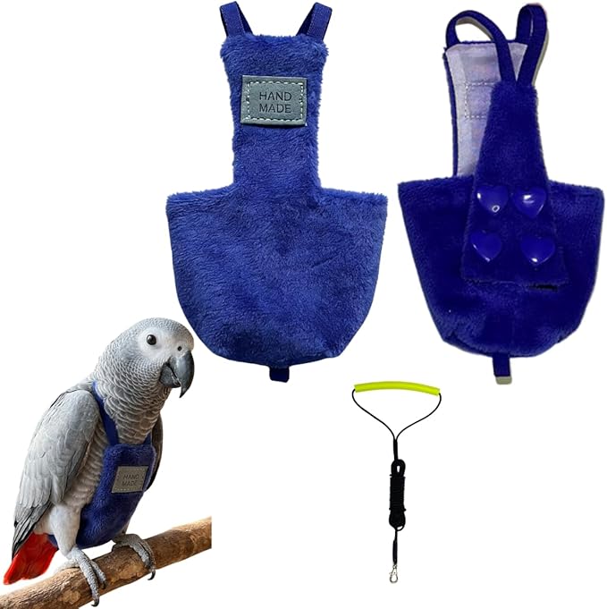 Adjustable Bird Diaper Parrot Clothes Flight Suite, Reusable Parrot Nappy with Waterproof Inner Layer, Warm Bird Urine Wet Suit Costume for Conure African Grey Quaker (Dark Blue, with Leash,2XL)