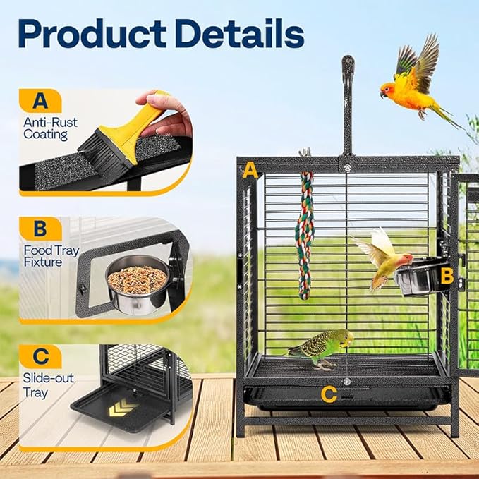 19'' Wrought Iron Portable Bird Cage Parrots Conures Lovebird Cockatiel Travel Carrier