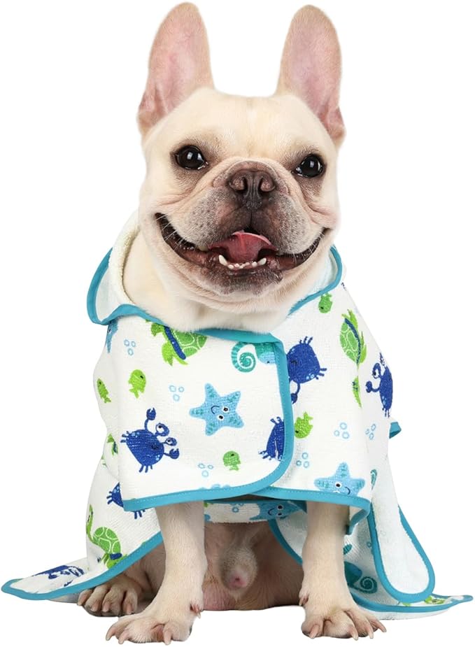 HDE Dog Bathrobe Super Absorbent Quick Drying Puppy Towel Wrap Coat Adjustable After Bath Robes with Hood for Dog Sizes S-XXL Sea Animals S