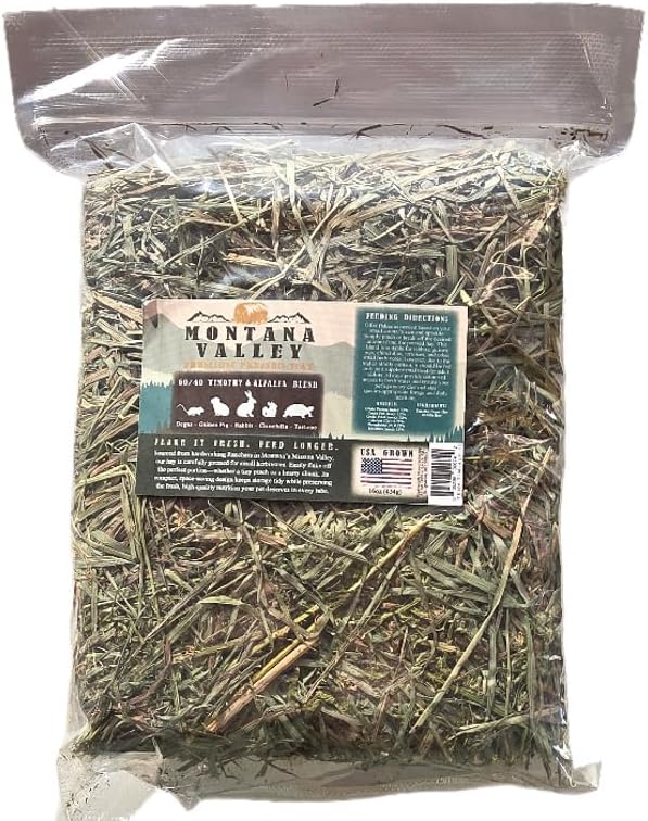 Timothy and Alfalfa Hay for Rabbits, Guinea Pigs and Hamsters, 60/40 Blend, Six 1 lb Bags, Natural Small Animal Forage, Montana Valley Hay, High Fiber Digestive Support For Daily Feeding Use