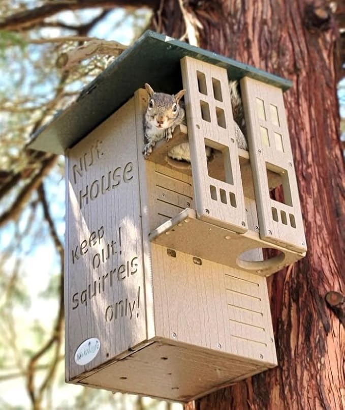 JCS Wildlife Ultimate Wooden Squirrel House, Multi-Tier Squirrel Nesting House with Predator Guards, Weather-Resistant Recycled Poly Lumber, Easy-Clean Tree House for Outside, Green & Tan