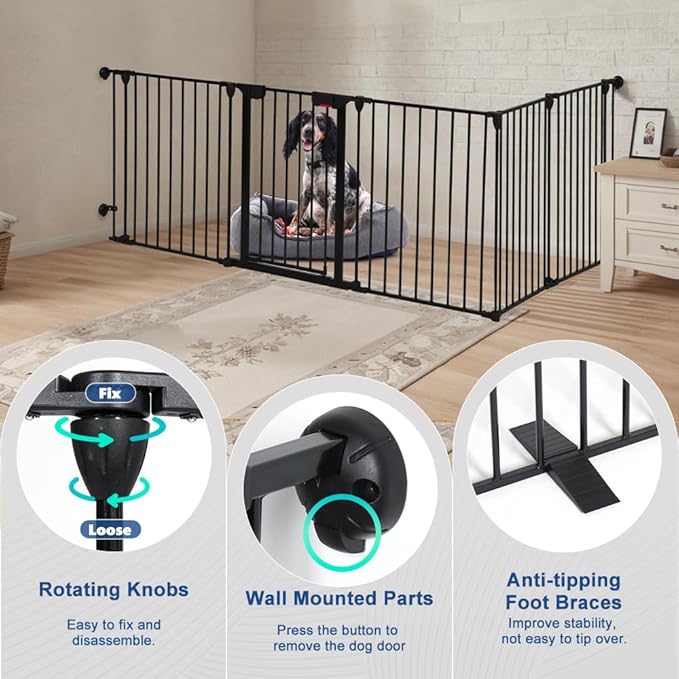 AGESISI Freestanding Dog Gates with Door Walk Through, Extra Wide Doggy Door 125" W x 29" H Pet Gate Safty 5 Panels Dog Fence for Stairs, Doorways