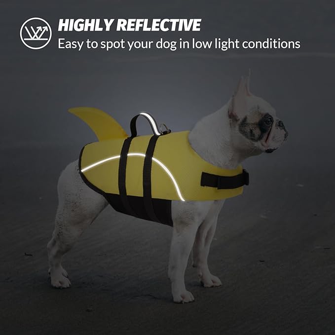 Queenmore Large Dog Life Jacket, Dog Life Vest for Swimming, Cute Shark Life Vest with Rescue Handle/Leash Hook, Safety Dog Lifevests for Boating/Kayaking, Pet Life Jackets for Big Dogs (Yellow,L)