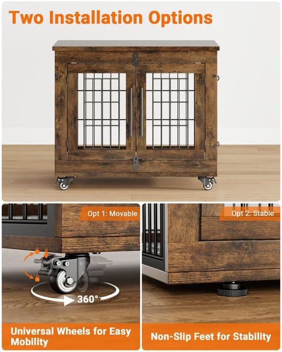 YaFiti Dog Crate Furniture with Cushion, Wooden Dog Kennel Indoor with Double Doors, Dog Cage with Wheels, Dog House Side End Table for Small Dogs up to 30 lb, 27.2" L, Rustic Brown