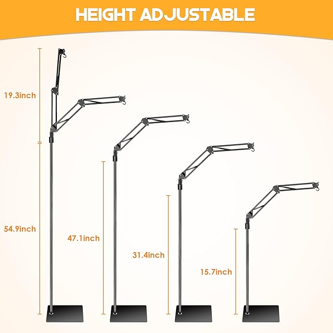 Enhon Reptile Heat Lamp Stand, Dual Reptile Light Stand with Two Flexible Brackets, Adjustable Heat Lamp Stand (15.7-74.3inch) with 360° Swing Arm and Anti tip Clip for Bearded Dragon Turtles Snake
