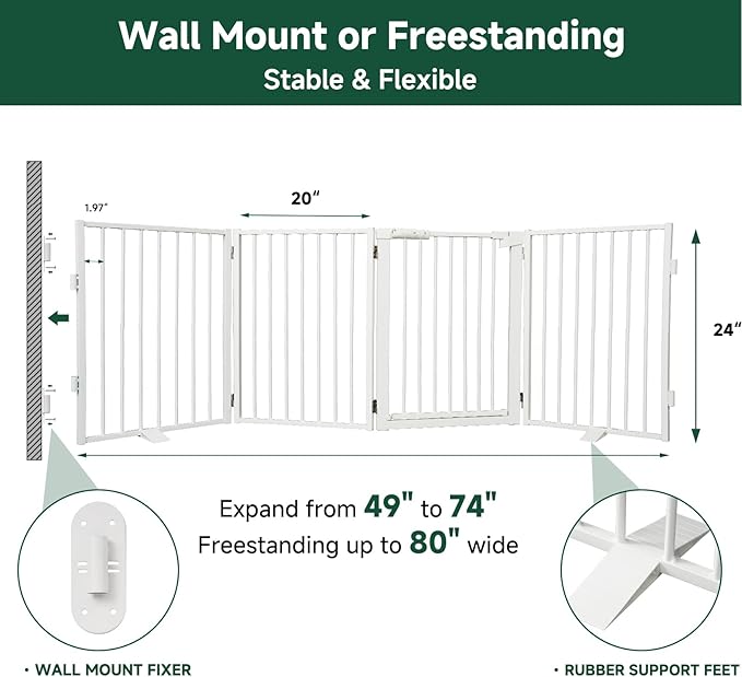 Snagle Paw Metal Freestanding Dog Gate with Door, 80” W x 24” H Dog Fence with Support Feet for Doorways, Stairs and Hallways, Portable Pet Gate for Indoor Use (4 Panel, White)