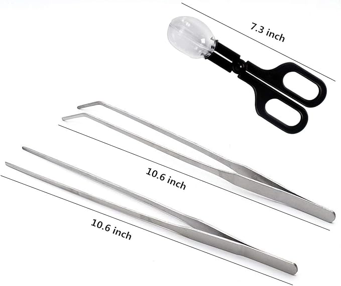 10.6 inch Reptile Feeding Tongs, 3 Pcs Tweezers Cricket Clamp Bug Scooper, Stainless Steel Straight and Curved Tweezers Set for Insects Lizard Turtle Snake Spider Frog Gecko Chameleon