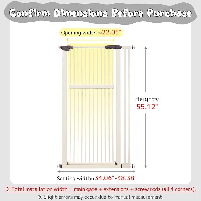 Lumizone Extra Tall Pet Gate 55.12" High Pressure Mounted 30.12"-38.38" Extra Wide (9 Sizes) 1.37" Gap for Cat Dog Stairs Doorway Hallway No Drilling Auto-Close (30.12"-38.38" W, Cream White)