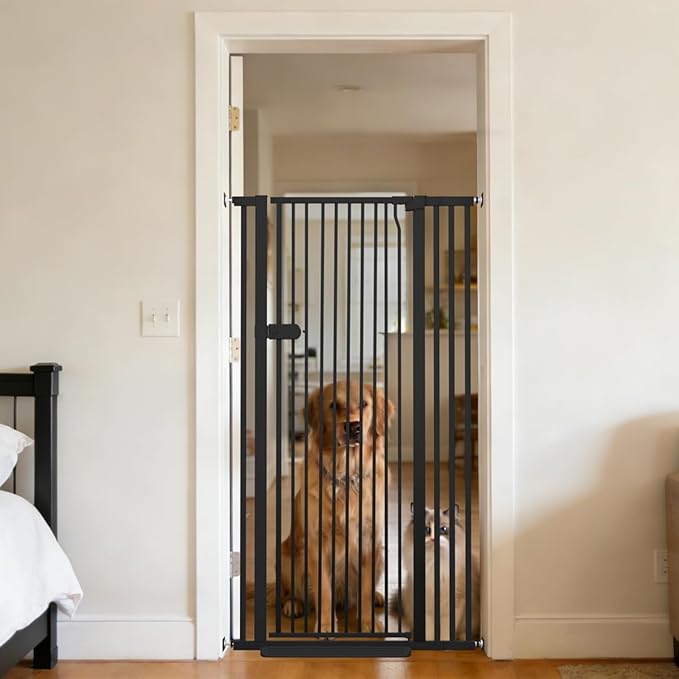 Lumizone Extra Tall Cat Gate 55.12" High Pressure Mounted Extra Wide 2025 New (17 Sizes) 1.37" Gap No Drilling Auto-Close One-Handed Operation Tall Pet Gate for Dogs(Black, 55.12" H x 29.92"-38.38" W)