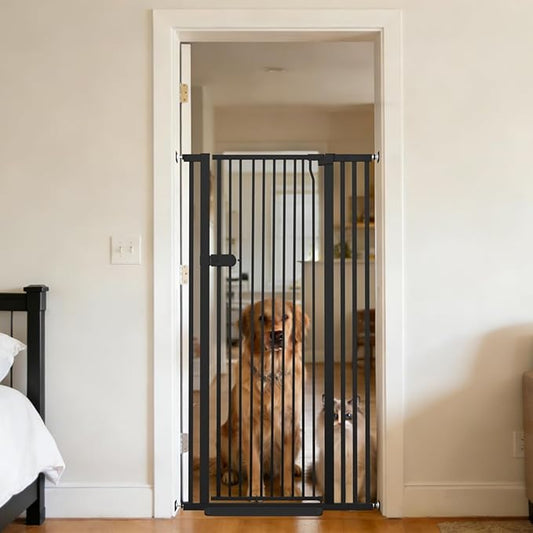 Lumizone Extra Tall Cat Gate 55.12" High Pressure Mounted Extra Wide 2025 New (17 Sizes) 1.37" Gap No Drilling Auto-Close One-Handed Operation Tall Pet Gate for Dogs(Black, 55.12" H x 29.92"-38.38" W)