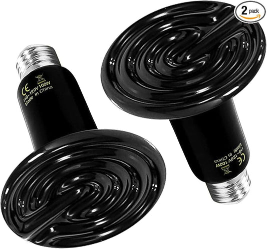 HealSmart Reptile Heat Lamp 100W 2-Pack Ceramic Heat Emitter, No Light Emitting Heat Bulbs for Amphibian Pet Brooder Coop Incubating Chicken, Lizard Bearded Dragon Turtle Snake Terrarium Black