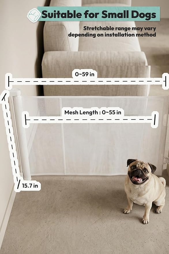 15.7" H Mesh Short Dog Gate, Extends Up to 59" W Retractable Pet Gate with Drill Installation, Small Dog Gate for Stairs, Easy Step Over Low Puppy Gate for Doorways Indoor Outdoor, White