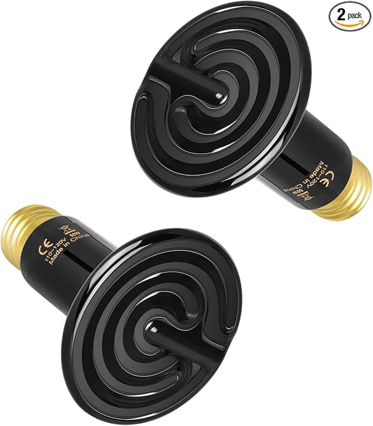 Simple Deluxe Ceramic Heat Emitter Reptile Heat Lamp Bulb 60W 2-Pack, No Light Emitting Brooder Coop Heater for Amphibian Pet Terrariums Habitat, Snake/Lizard/Spider, Incubating Chicken,Black