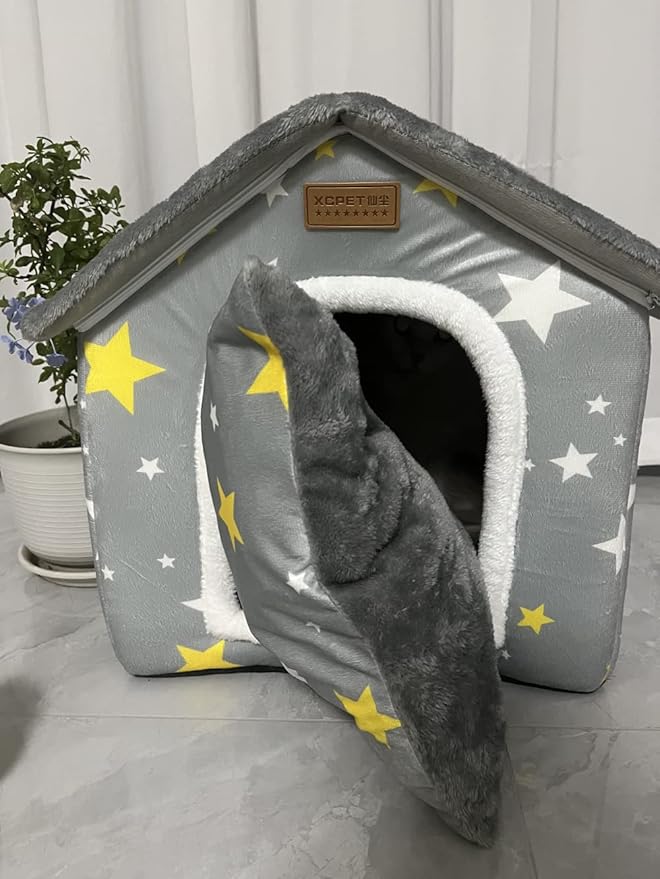 SEAHOME Dog House Kennel Bed Mat for Indoor Pets,Enclosed Warm Plush Sleeping Nest Bed with Removable Cushion,Covered Small Pet Condos Indoor Cat Hideaway (S, Grey)