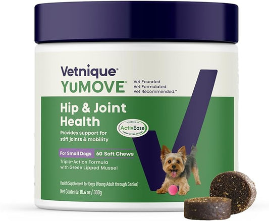 YuMOVE Hip & Joint Supplement for Dogs - with Glucosamine Chondroiton, Green Lipped Mussel, Hyaluronic Acid, and Omega 3 Joint Supplement for Stiffness and Mobility - 60 Chews (Small/Medium Dogs)