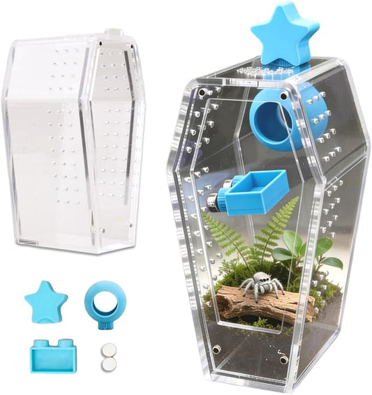 Jumping Spider Enclosure Jumping Spider Enclosure Kit Desktop Habitat Small Reptile Glass Terrarium Insect Accessory Set with Water Container Hiding Area(Blue)