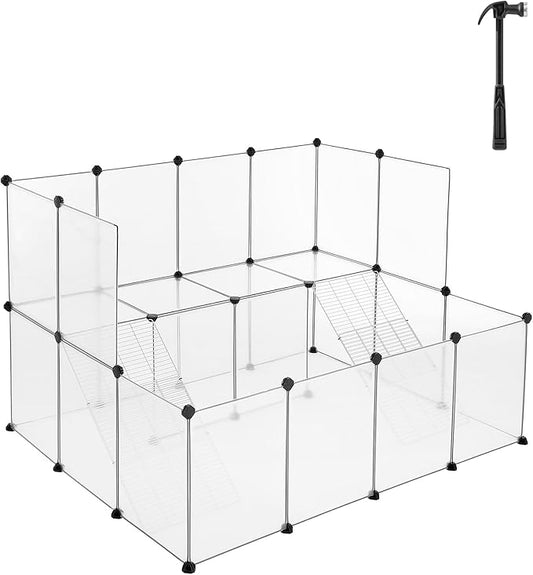 SONGMICS Guinea Pig Playpen with Dense Ramp, Indoor Rabbit Run Hutch Cage, Large Exercise Enclosure with Stairs, DIY Plastic Modular Fence for Hamster, Pet, Small Animals, White ULPC004W01