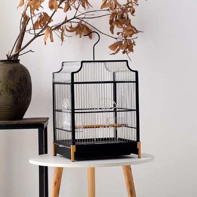 Bird Cage Wrought Iron Bird Cage Carrier Stainless Steel Portable Pet Bird Cage Travel Cage for Extra Small Finches Canaries Lovebirds Aviary Cage,Black