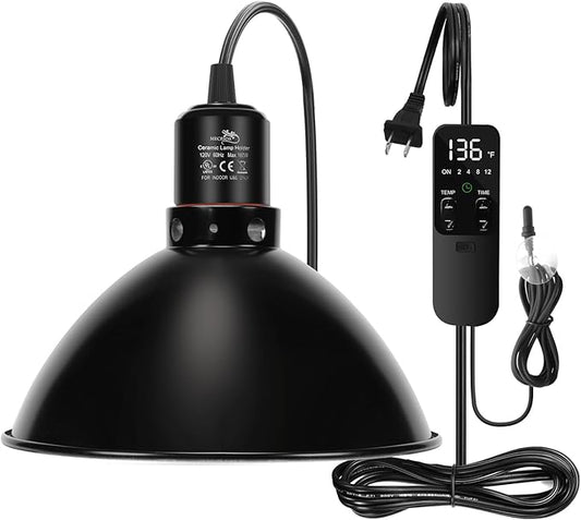 MECESOR Reptile Light Fixture with Thermostatic Timer, 8.5 Inch Deep Dome Lamp Cap Reptile Heat Lamp Fixture with Separate Switches, Terrariums Light Fixture for Ceramic Heating Lamp Bulb