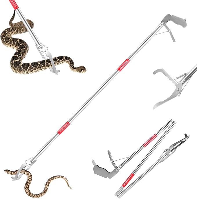 50" Collapsible Stainless Steel Snake Grabber Tool: Multi-Functional Hook, Tongs, Pole, Reacher for Safe Snake Handling and Rattlesnake Catching