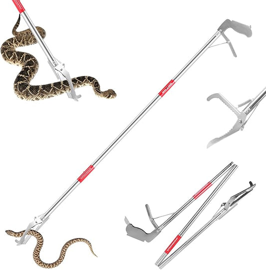 50" Collapsible Stainless Steel Snake Grabber Tool: Multi-Functional Hook, Tongs, Pole, Reacher for Safe Snake Handling and Rattlesnake Catching