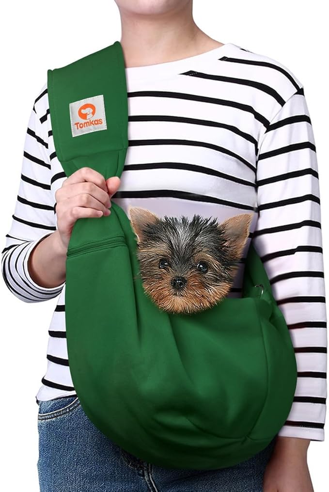 Tomkas Small Dog Sling Carrier - Zipper Pocket & Adjustable Strap & Zip Pocket - for 3-10 lbs Pets (Emerald Green, M - Zipper Pocket & Adjustable Strap)