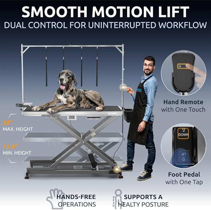 KANIS Professional Electric Dog Grooming Table - Heavy Duty, Height Adjustable Pet Grooming Table w/Leveling Wheels, Dog Grooming Arm, Anti-Slip Tabletop & Tool Organizer (Grey, 60")
