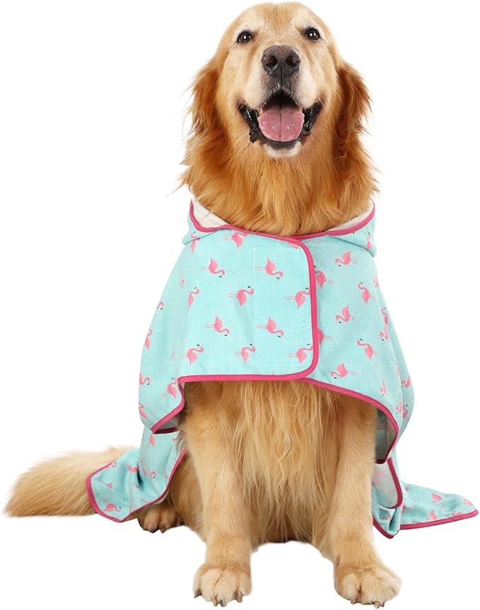 HDE Dog Bathrobe Super Absorbent Quick Drying Puppy Towel Wrap Coat Adjustable After Bath Robes with Hood for Dog Sizes S-XXL Flamingos XXL