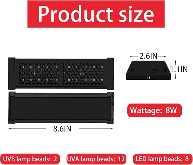 UVB & UVA Light for Reptiles, Dimmable LED Full Spectrum Sunlight Lamp with 3 Lighting Modes, 4/8/12H Timer for Tortoise, Gecko, Bearded Dragon, 8W Reptile Lamp, 8IN
