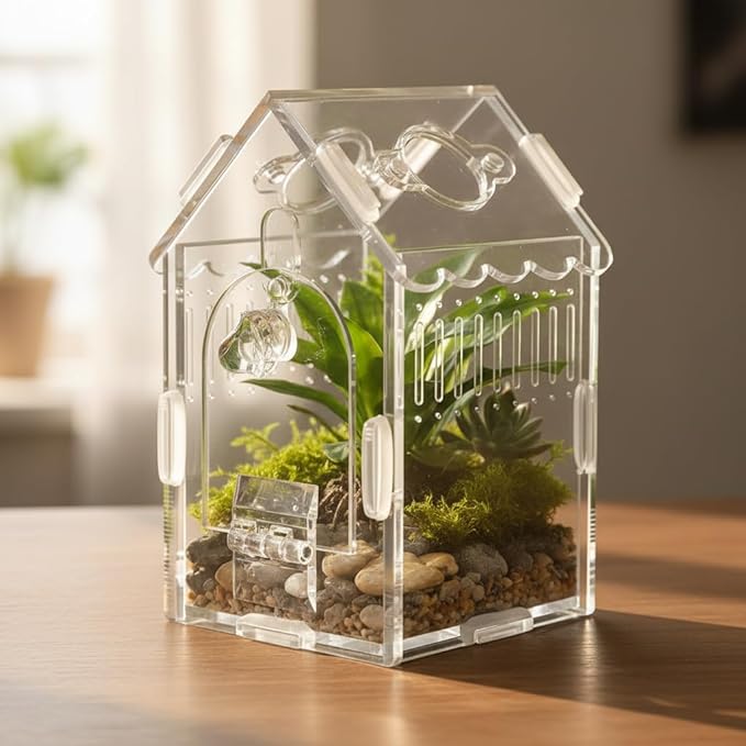 Jumping Spider Enclosure 3.15"×3.15"×5.6" - Magnetic Front Opening Acrylic Terrarium with Ventilation, Escape-Proof Habitat for Tarantulas, Mantis & Small Reptiles, No-Tool Easy Assembly
