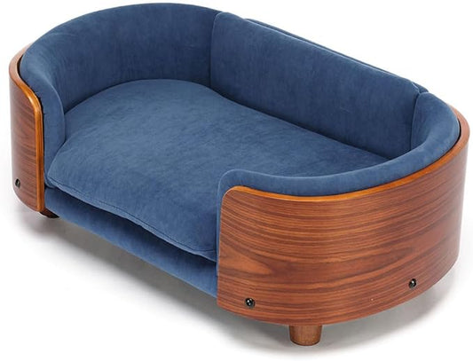 Elevated Dog Bed Pet Sofa with Solid Wood Legs and Bent Soft Backrest, Pet Cat Stool Bed with Velvet Cushion,for Small and Medium Size Dogs Kitten, Blue, Small Size