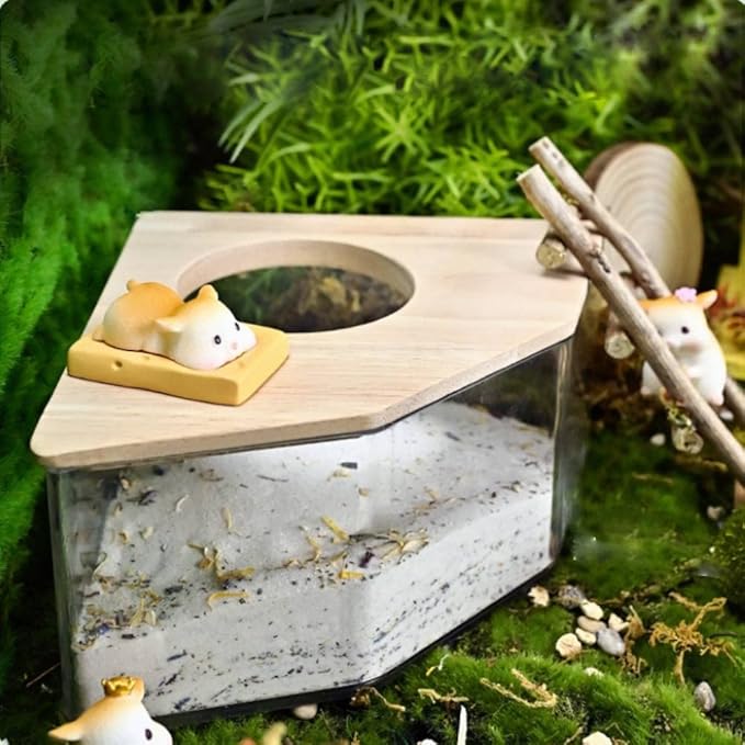 Pssopp Hamster Bath Box, Right Angle Fan Acrylic Safe Hamster Sand Bathroom with Wood Cover for and Other Small Pet Hamster