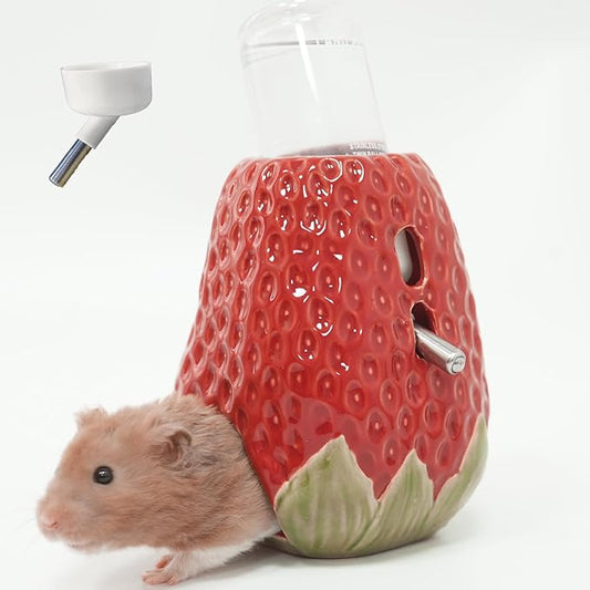 Hamster Water Bottle, Strawberry Ceramic Hamster Gerbil Water Bottle for Glass Tank, Dispenser, 80ML Bottle for Water Holder Stand with 2 No Drip Caps for Syrian Mice, Gerbil