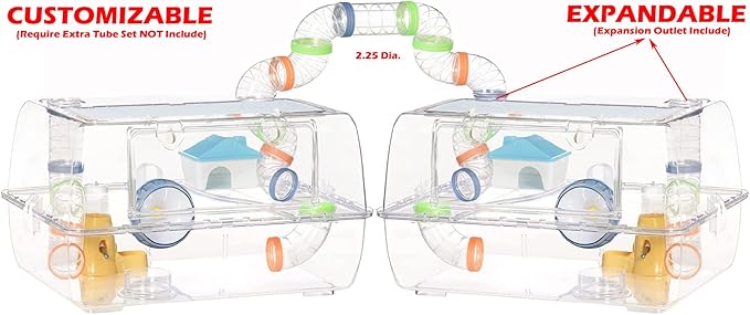 28” X-Large 2-Tiers Acrylic Clear Hamster Mouse Deluxe Palace House Habitat with Large Running Wheel Water Bottle Tower Food Bowl Hide House Deep Base Ground Expandable Outlet