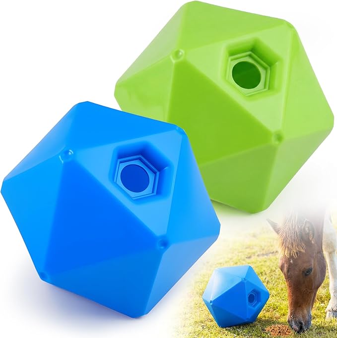 Horse Treat Ball, 9" Horse Ball Feeder Toy & Stress Reliever with 1.13 Inch Opening for Paddock, Slow Feed Enrichment Toys for Horses to Play(2 Pack,Green Blue)