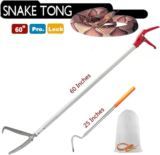 Snake Tong Rattle Snake Reptile Catcher Grabber,with Wide Jaw and Comfortable Grip Handle, Handling Tool Equipped with Snake Hook and Bagging,More Professional (60 Inch（150cm）)