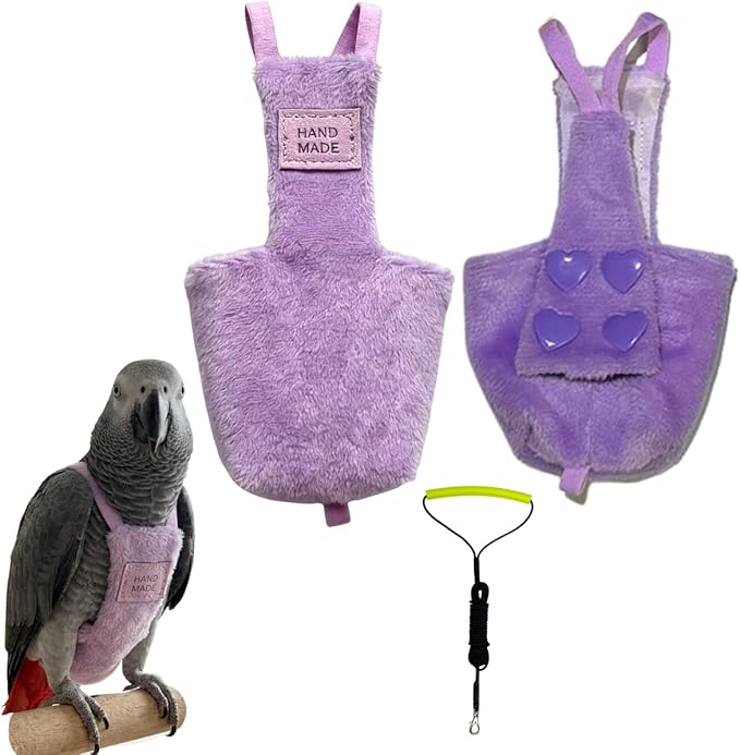 Adjustable Bird Diaper Parrot Clothes Flight Suite, Reusable Parrot Nappy with Waterproof Inner Layer, Warm Bird Urine Wet Suit Costume for Conure African Grey Quaker (Purple, with Leash,2XL)