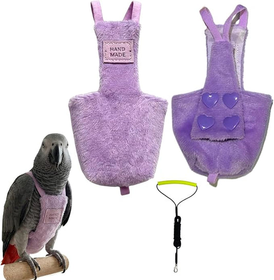 Adjustable Bird Diaper Parrot Clothes Flight Suite, Reusable Parrot Nappy with Waterproof Inner Layer, Warm Bird Urine Wet Suit Costume for Conure African Grey Quaker (Purple, with Leash,2XL)