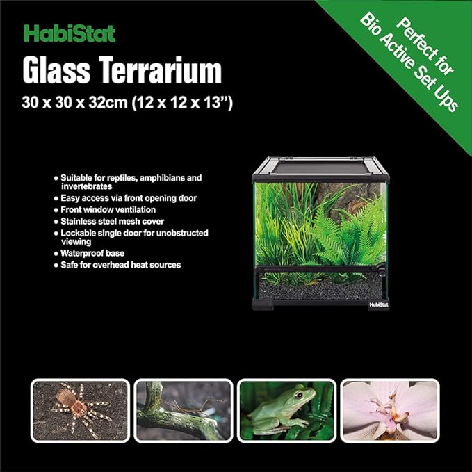 Habistat Glass Terrarium for Reptiles 12"x12"x13" – Stackable Reptile Enclosure for Inverts & Amphibians with Lock & Waterproof Base, Ideal Terrarium Tank for Chameleons, Geckos and Bioactive Setups