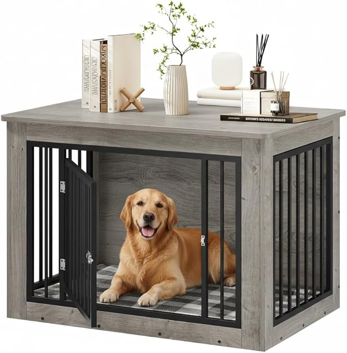 DWVO Dog Crate Furniture, 38 Inch Dog Kennel Indoor Furniture End Table for Dogs, Farmhouse Decorative Wooden Cage, Chew-Resistant, Grey