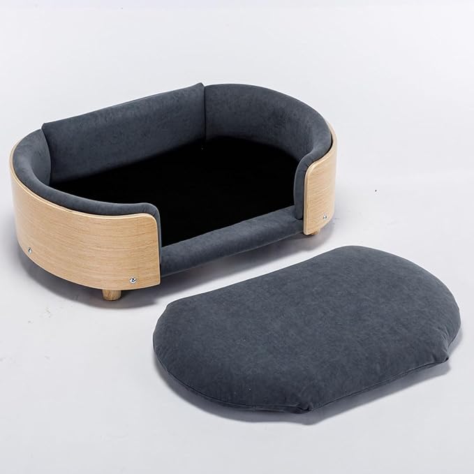Elevated Dog Bed Pet Sofa with Solid Wood Legs and Bent Soft Backrest, Pet Cat Stool Bed with Velvet Cushion,for Small and Medium Size Dogs Kitten, Mid Size