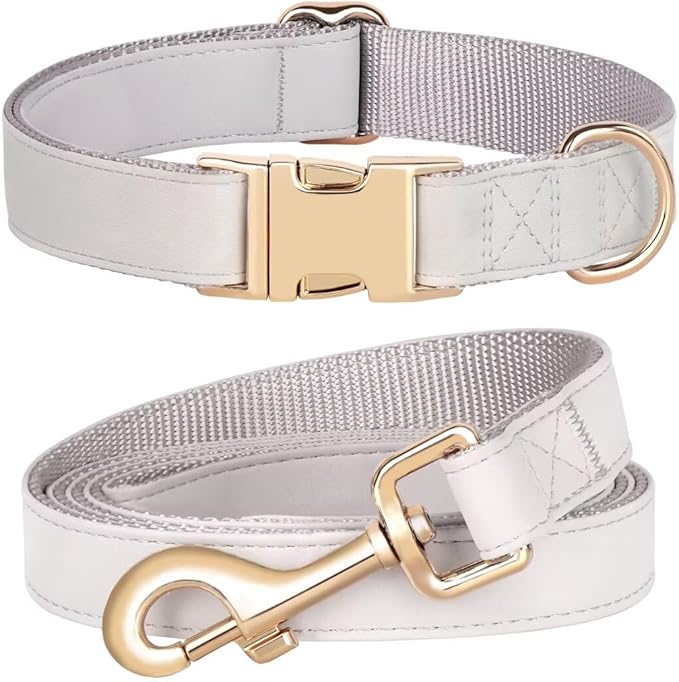 PET ARTIST Soft PU Leather Dog Collar and Leash Set, Bright & Stylish 5FT PU Leather Leash and Collar Set, Durable Pet Collars with Quick Release Metal Buckle for Large Dogs,Gray,L(16-27")
