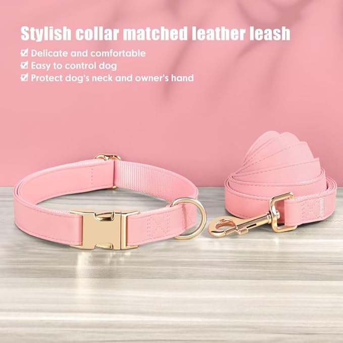 PET ARTIST Soft PU Leather Dog Collar and Leash Set, Bright & Stylish 5FT PU Leather Leash and Collar Set, Durable Pet Collars with Quick Release Metal Buckle for Medium Dogs,Pink,M(13-19")