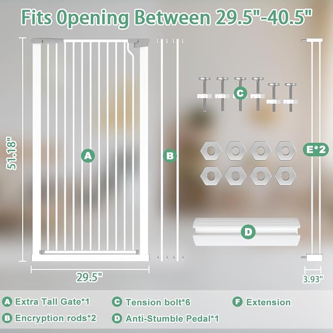 51.18" Tall Extra Tall Pet Gate Dog Door, Auto Close Safety Gates for Kitchen Living Room Doorways Hallway,Indoor Pet Gates for Dogs or Cats(Black) (White, 29.6-40.5")