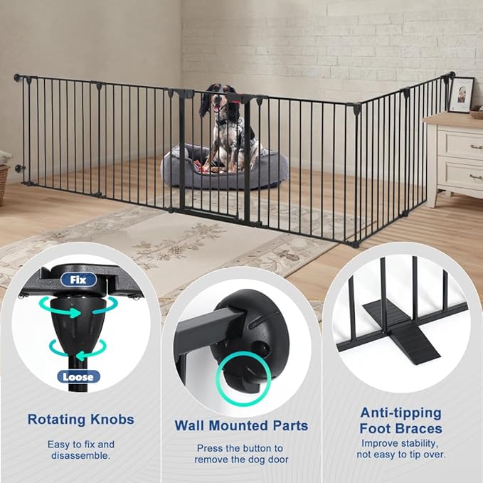 AGESISI Freestanding Dog Gates with Door Walk Through, Extra Wide Doggy Door 150" W x 29" H Pet Gate Safty 6 Panels Dog Fence for Stairs, Doorways
