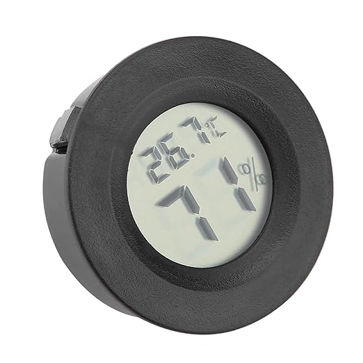 Fydun Digital Thermometer Hygrometer, LCD Temperature Humidity Mini Hygrometer Round Shape Thermometers Meter for Reptile Incubator Aquarium Poultry, Compact Size & (Black)